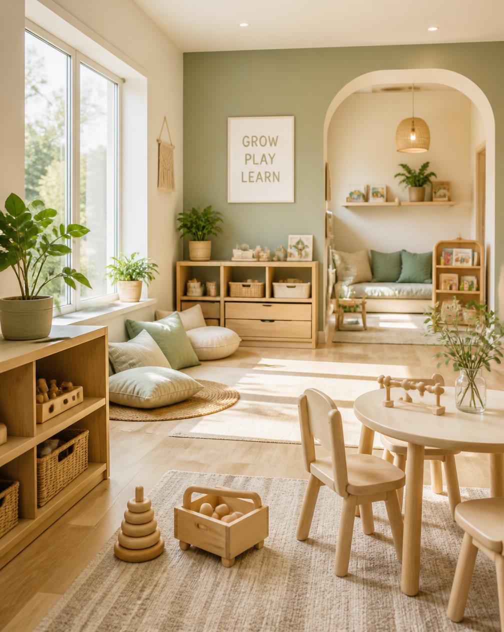 Salle de vie lumineuse de la crèche Cornaline avec jouets en bois et coussins verts